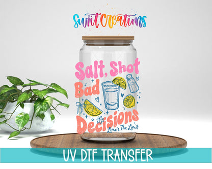 Salt Shot Bad Decisions UV DTF transfer displayed on a clear jar mockup from Swiit Creations