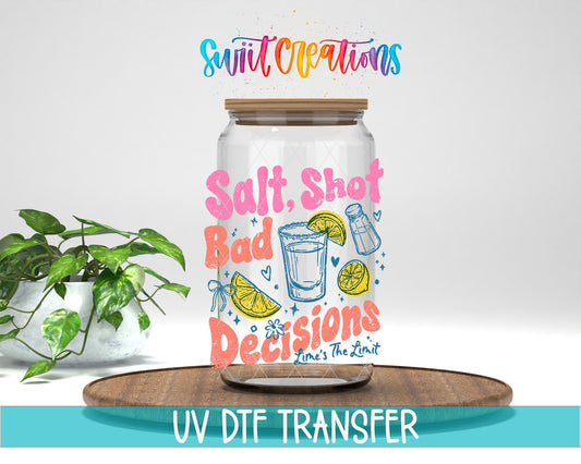Salt Shot Bad Decisions UV DTF transfer displayed on a clear jar mockup from Swiit Creations