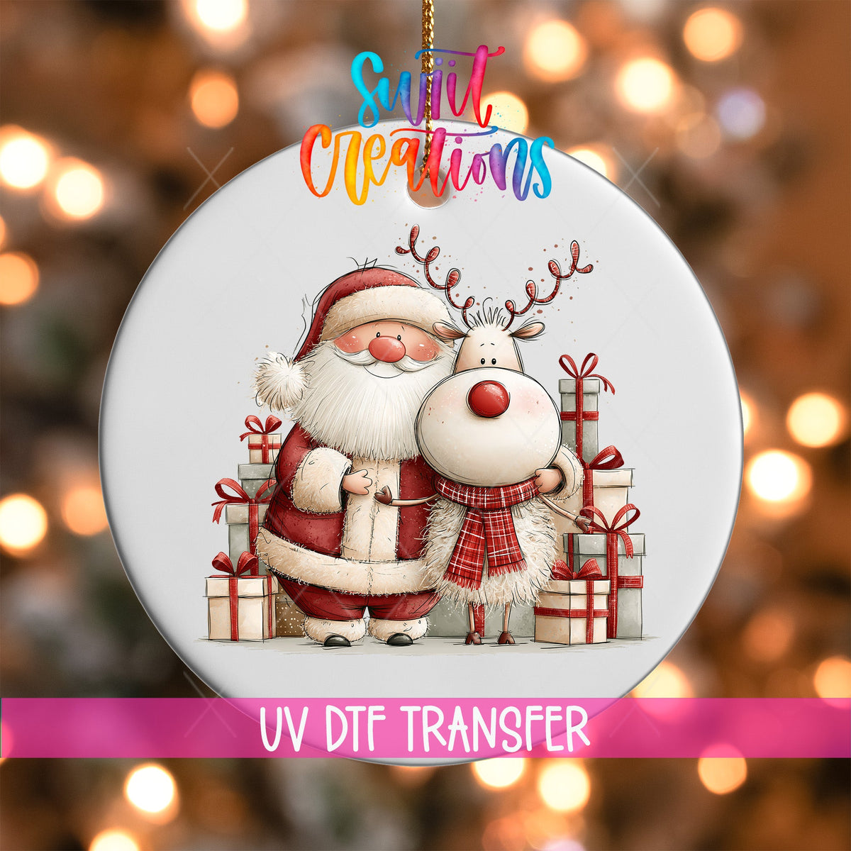 Santa and Reindeer Gifts Ornament UV DTF Transfer | Festive Pair Surrounded by Wrapped Presents | O-2167 - Swiit Creations