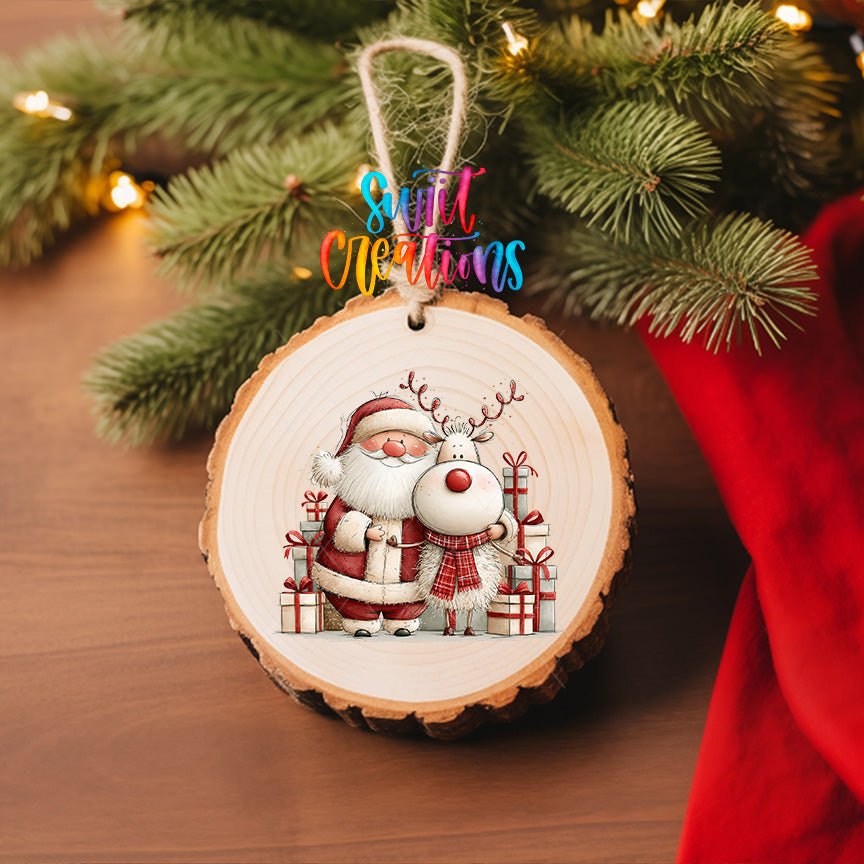 Santa and Reindeer Gifts Ornament UV DTF Transfer | Festive Pair Surrounded by Wrapped Presents | O-2167 - Swiit Creations