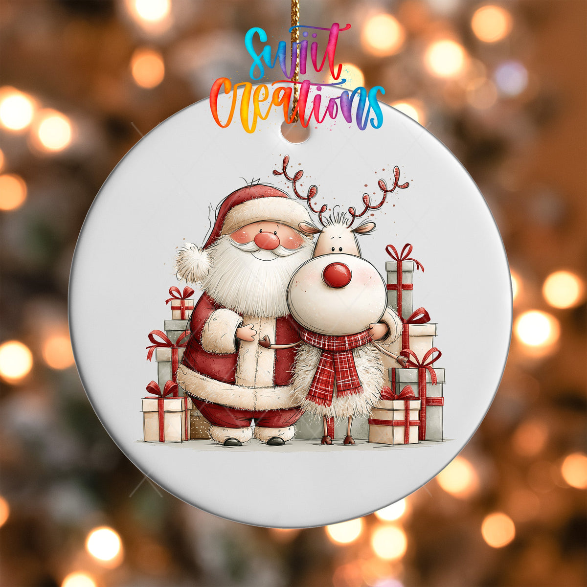 Santa and Reindeer Gifts Ornament UV DTF Transfer | Festive Pair Surrounded by Wrapped Presents | O-2167 - Swiit Creations