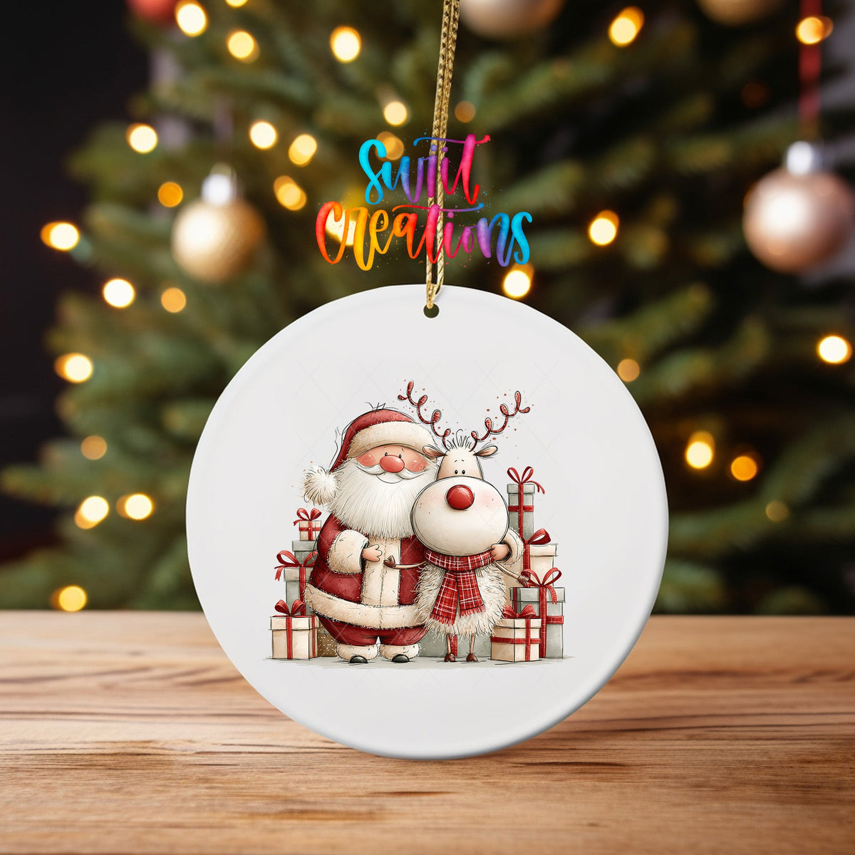 Santa and Reindeer Gifts Ornament UV DTF Transfer | Festive Pair Surrounded by Wrapped Presents | O-2167 - Swiit Creations