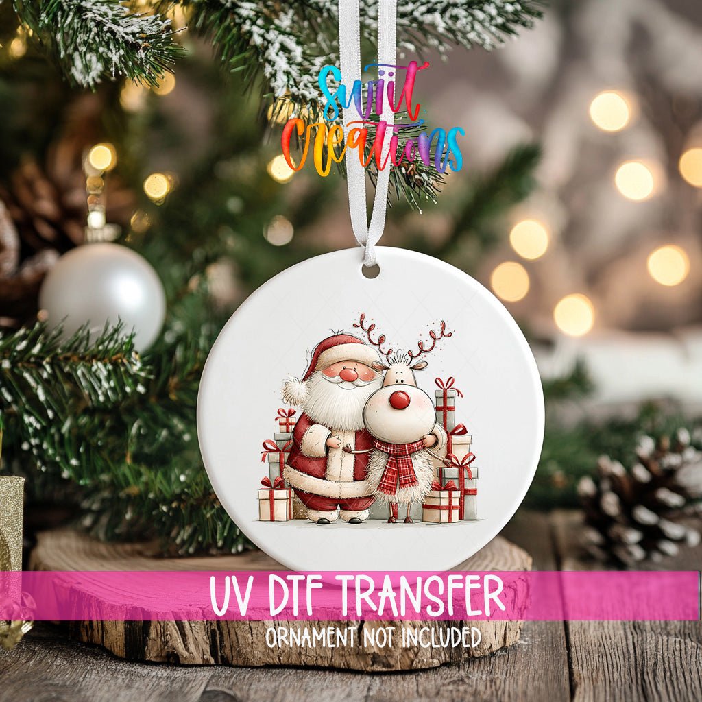 Santa and Reindeer Gifts Ornament UV DTF Transfer | Festive Pair Surrounded by Wrapped Presents | O-2167 - Swiit Creations