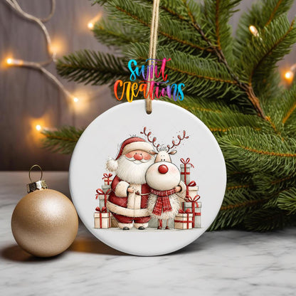 Santa and Reindeer Gifts Ornament UV DTF Transfer | Festive Pair Surrounded by Wrapped Presents | O-2167 - Swiit Creations