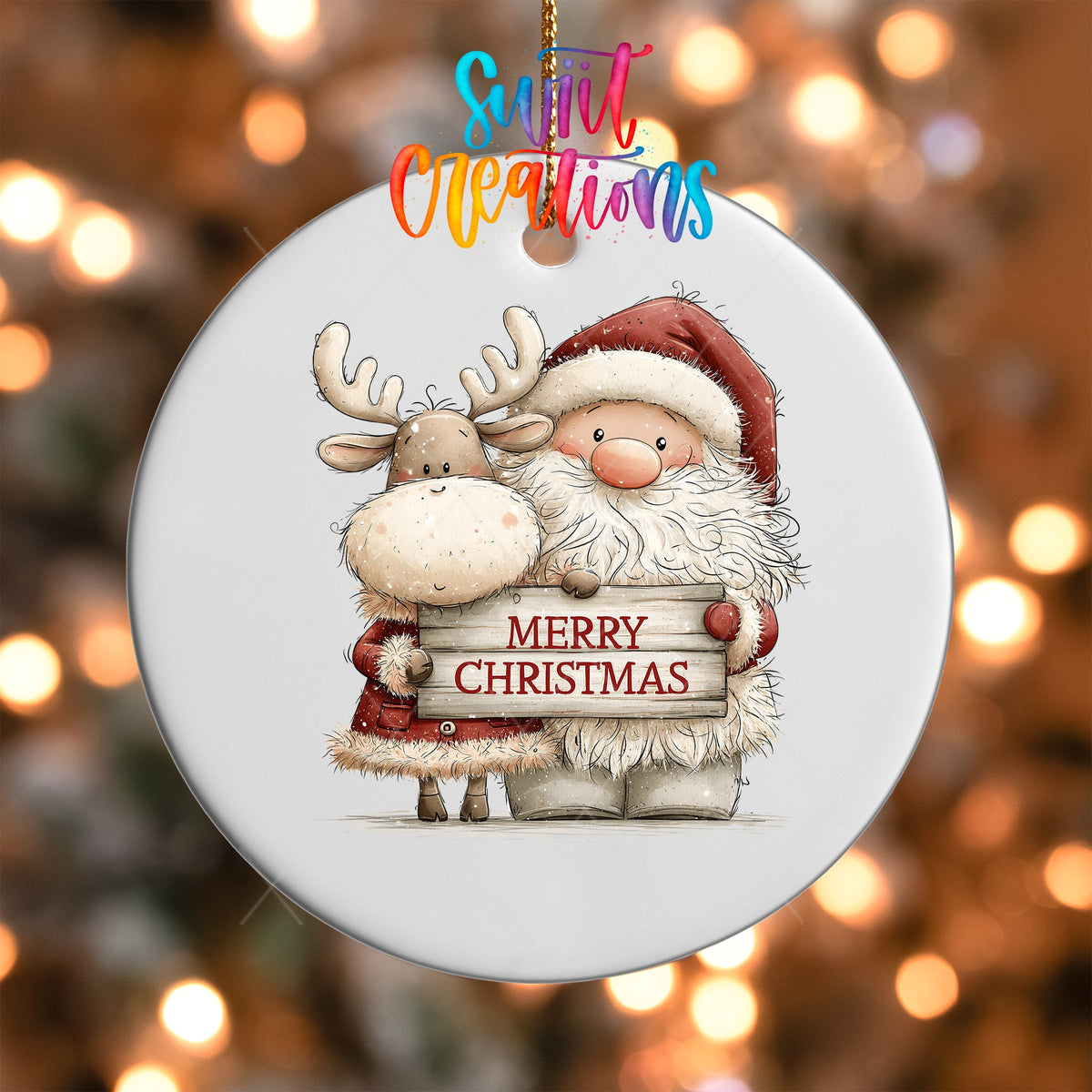 Santa and Reindeer Greeting Ornament UV DTF Transfer | Cozy Pair with Rustic Merry Christmas Sign | O-2170 - Swiit Creations
