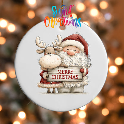Santa and Reindeer Greeting Ornament UV DTF Transfer | Cozy Pair with Rustic Merry Christmas Sign | O-2170 - Swiit Creations