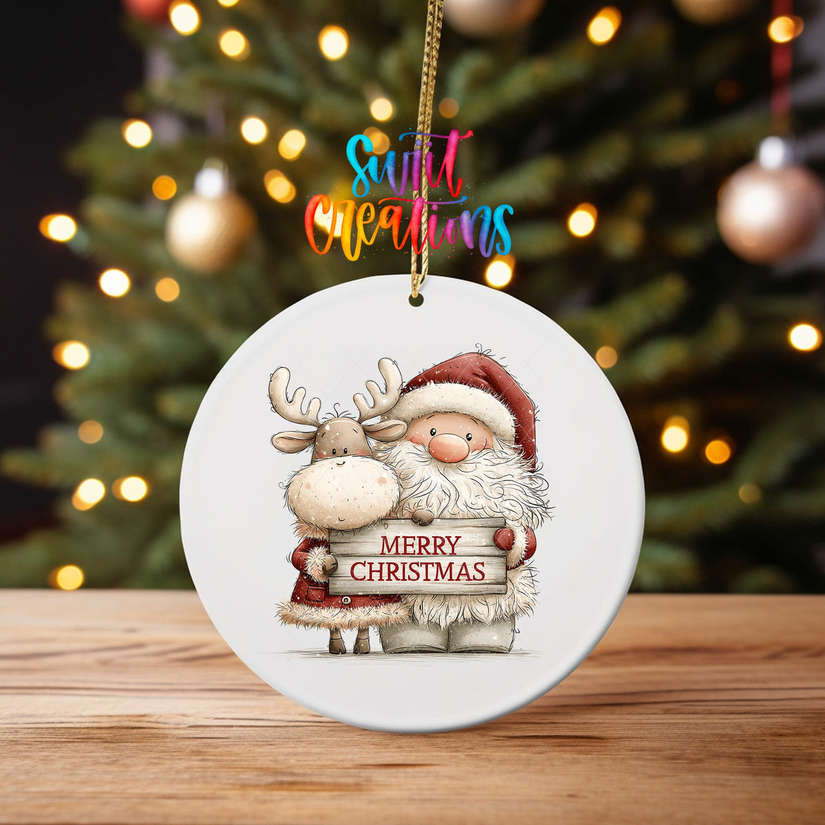 Santa and Reindeer Greeting Ornament UV DTF Transfer | Cozy Pair with Rustic Merry Christmas Sign | O-2170 - Swiit Creations