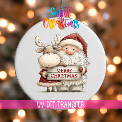 Santa and Reindeer Greeting Ornament UV DTF Transfer | Cozy Pair with Rustic Merry Christmas Sign | O-2170 - Swiit Creations