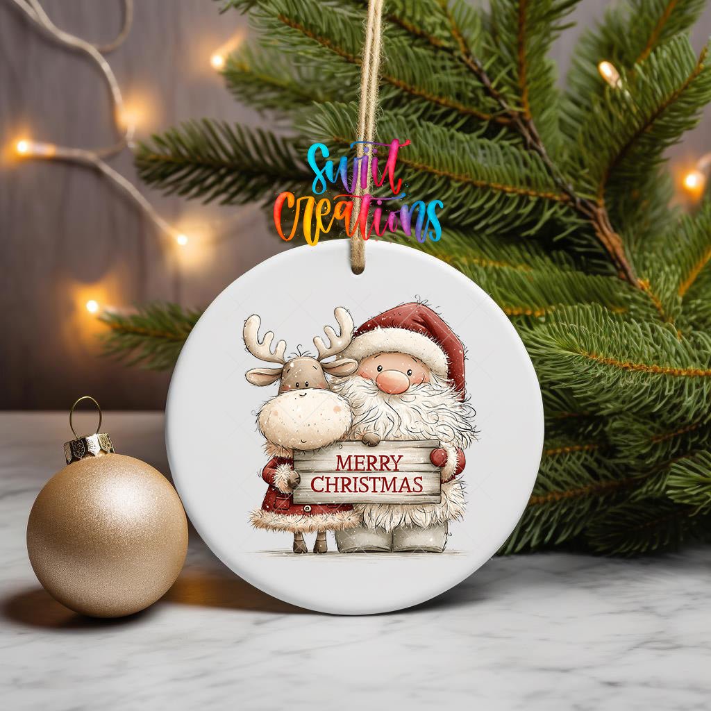 Santa and Reindeer Greeting Ornament UV DTF Transfer | Cozy Pair with Rustic Merry Christmas Sign | O-2170 - Swiit Creations