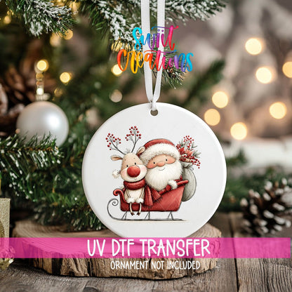 Santa and Reindeer Sleigh Ornament UV DTF Transfer | Whimsical Christmas Ride with Gifts and Berries | O-2169 - Swiit Creations