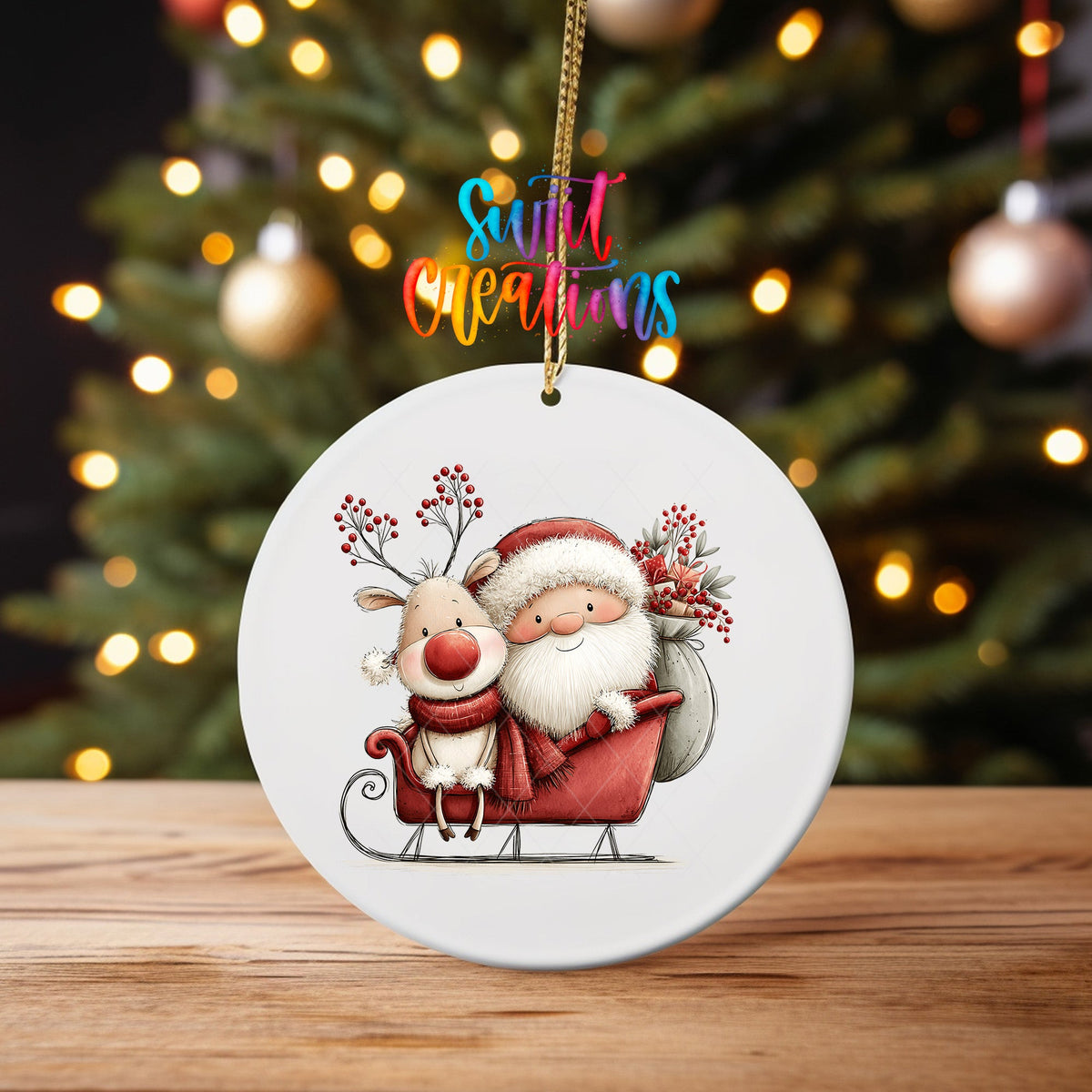 Santa and Reindeer Sleigh Ornament UV DTF Transfer | Whimsical Christmas Ride with Gifts and Berries | O-2169 - Swiit Creations