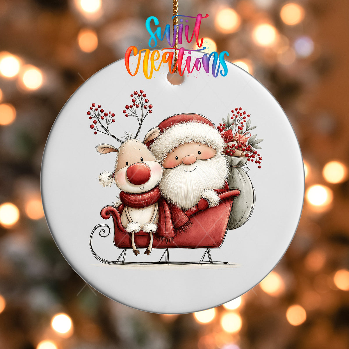 Santa and Reindeer Sleigh Ornament UV DTF Transfer | Whimsical Christmas Ride with Gifts and Berries | O-2169 - Swiit Creations
