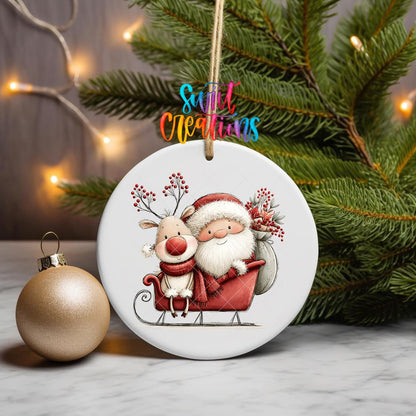 Santa and Reindeer Sleigh Ornament UV DTF Transfer | Whimsical Christmas Ride with Gifts and Berries | O-2169 - Swiit Creations