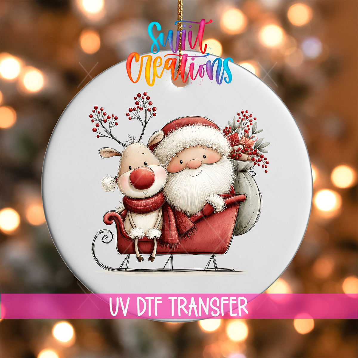 Santa and Reindeer Sleigh Ornament UV DTF Transfer | Whimsical Christmas Ride with Gifts and Berries | O-2169 - Swiit Creations