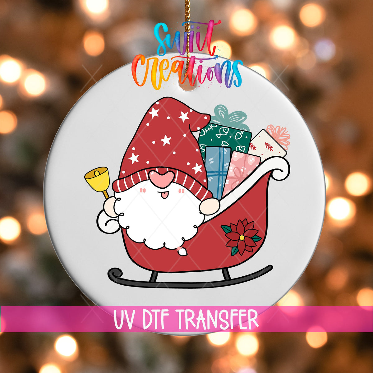 Santa Gnome Sleigh UV DTF Ornament Transfer | Gifts & Bell Christmas Transfer | O-1609 - Swiit Creations