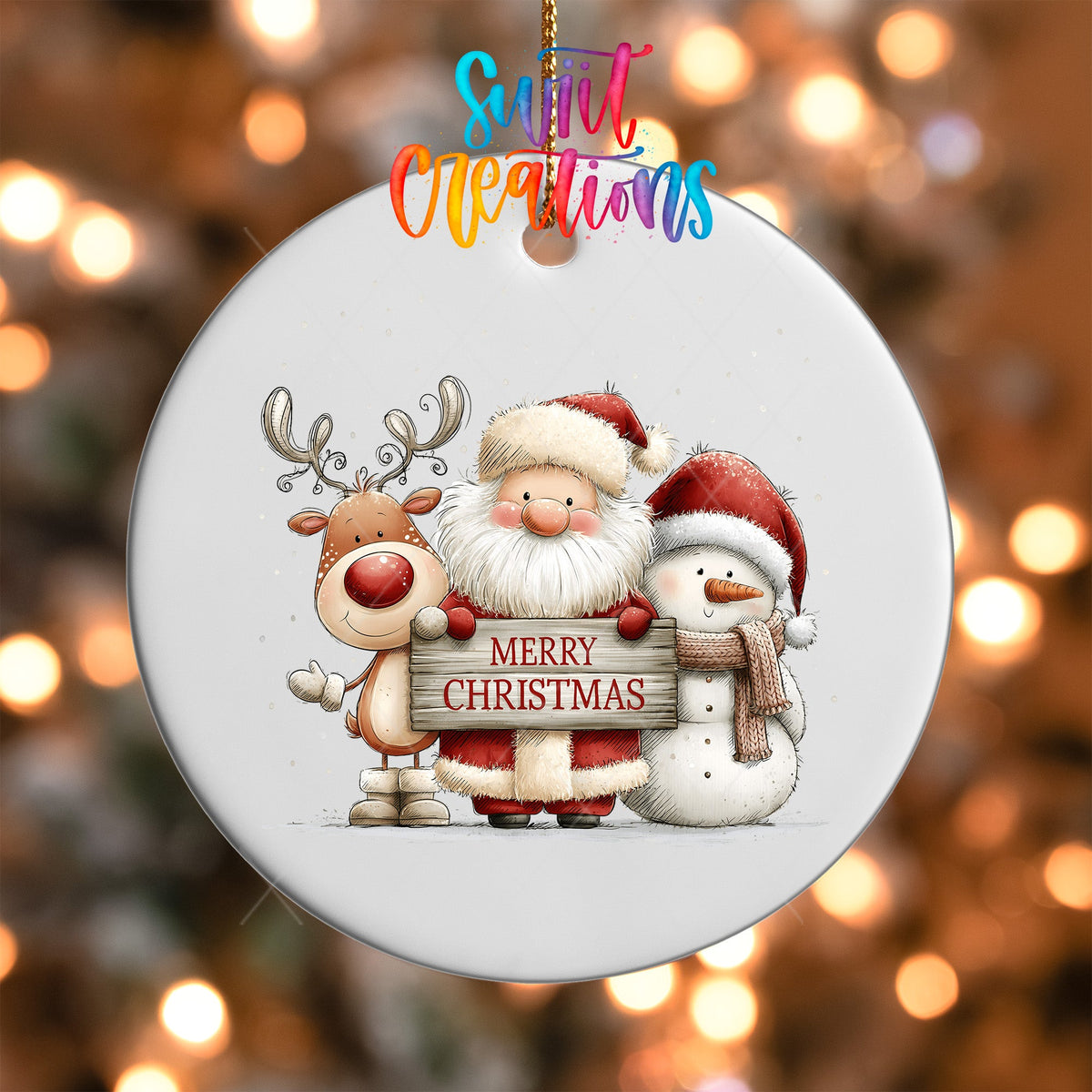Santa Reindeer and Snowman Ornament UV DTF Transfer | Classic Holiday Friends with Merry Christmas Sign | O-2168 - Swiit Creations