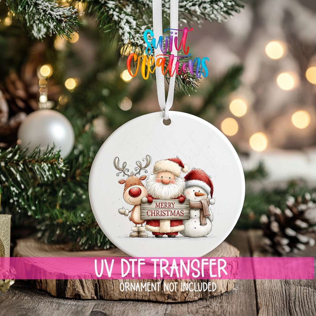 Santa Reindeer and Snowman Ornament UV DTF Transfer | Classic Holiday Friends with Merry Christmas Sign | O-2168 - Swiit Creations
