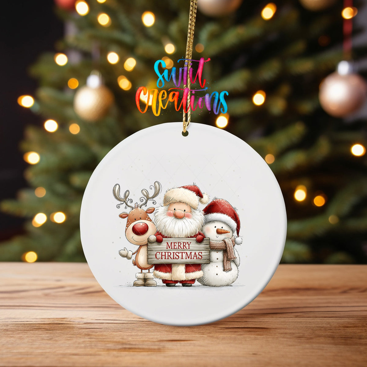 Santa Reindeer and Snowman Ornament UV DTF Transfer | Classic Holiday Friends with Merry Christmas Sign | O-2168 - Swiit Creations