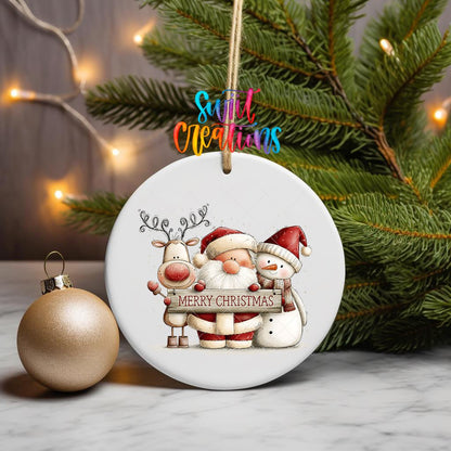 Santa Reindeer and Snowman Ornament UV DTF Transfer | Merry Christmas Trio with Rustic Sign | O-2171 - Swiit Creations
