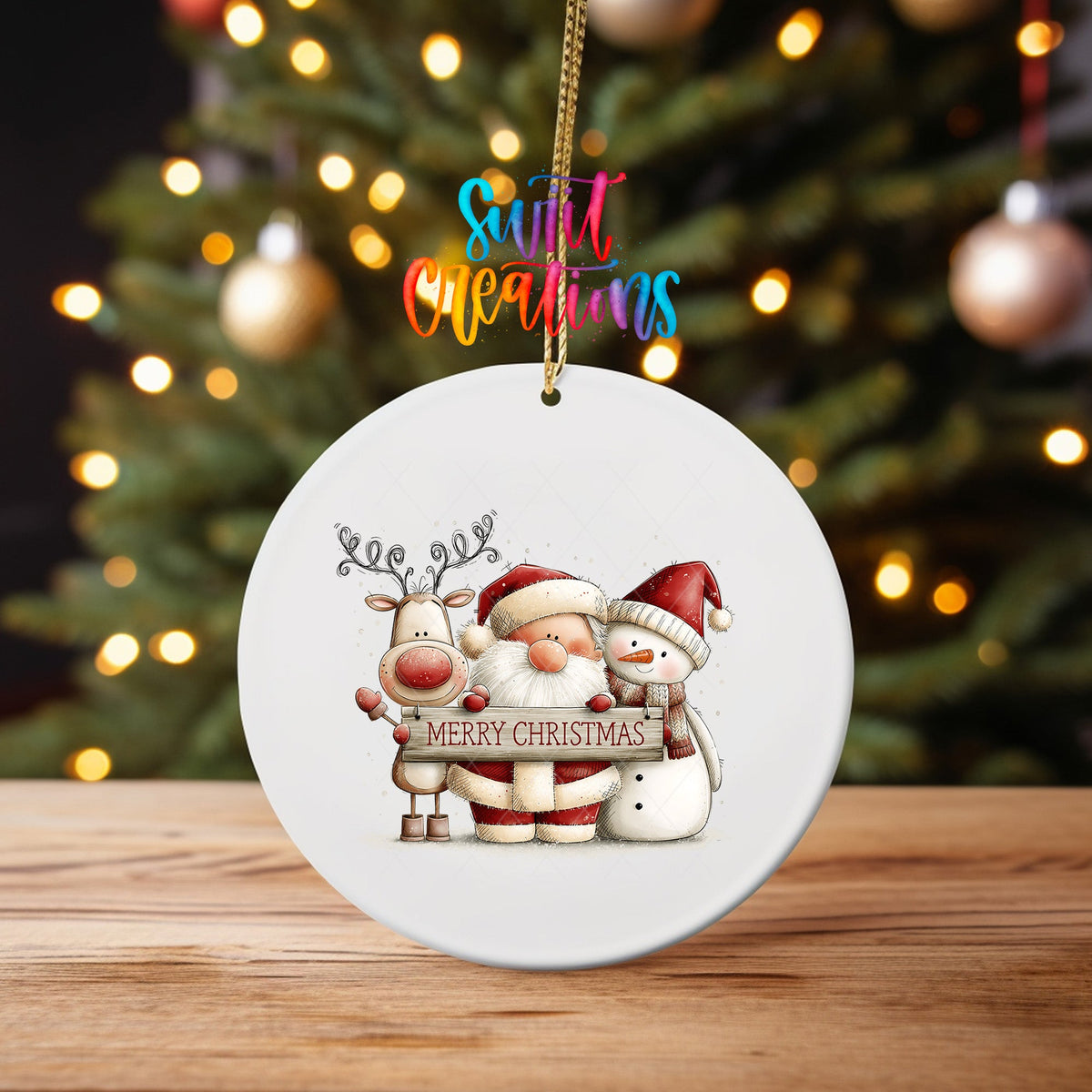 Santa Reindeer and Snowman Ornament UV DTF Transfer | Merry Christmas Trio with Rustic Sign | O-2171 - Swiit Creations