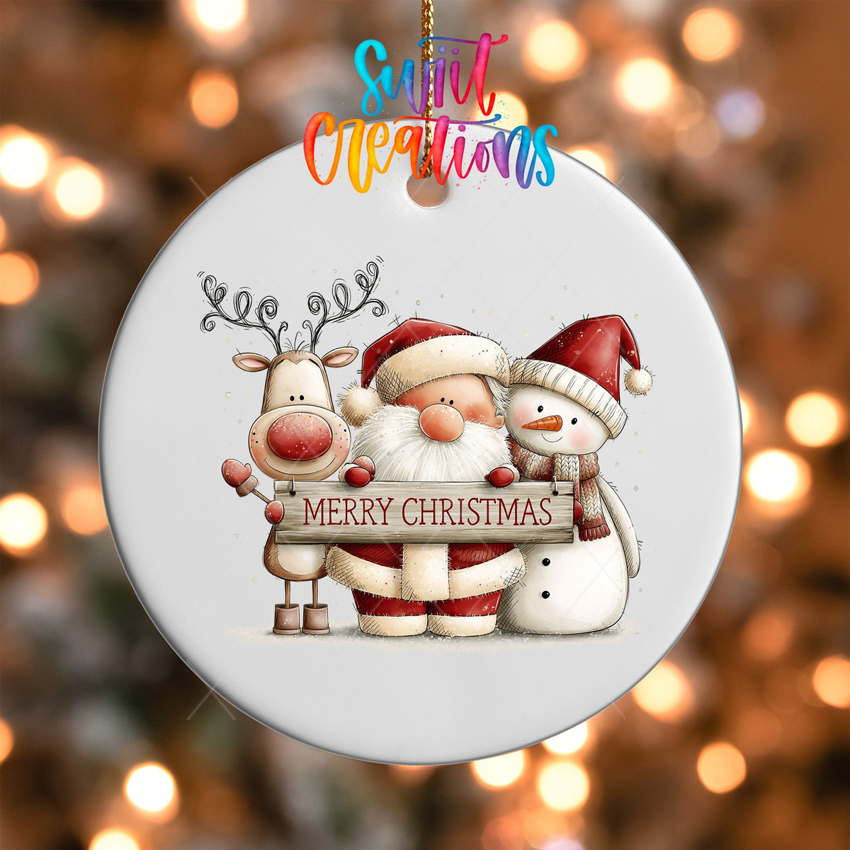 Santa Reindeer and Snowman Ornament UV DTF Transfer | Merry Christmas Trio with Rustic Sign | O-2171 - Swiit Creations