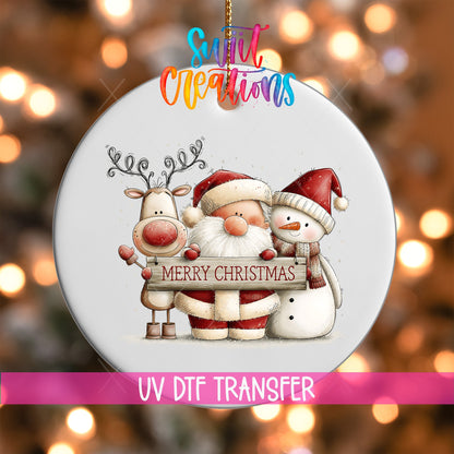 Santa Reindeer and Snowman Ornament UV DTF Transfer | Merry Christmas Trio with Rustic Sign | O-2171 - Swiit Creations