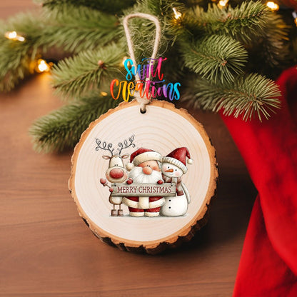 Santa Reindeer and Snowman Ornament UV DTF Transfer | Merry Christmas Trio with Rustic Sign | O-2171 - Swiit Creations