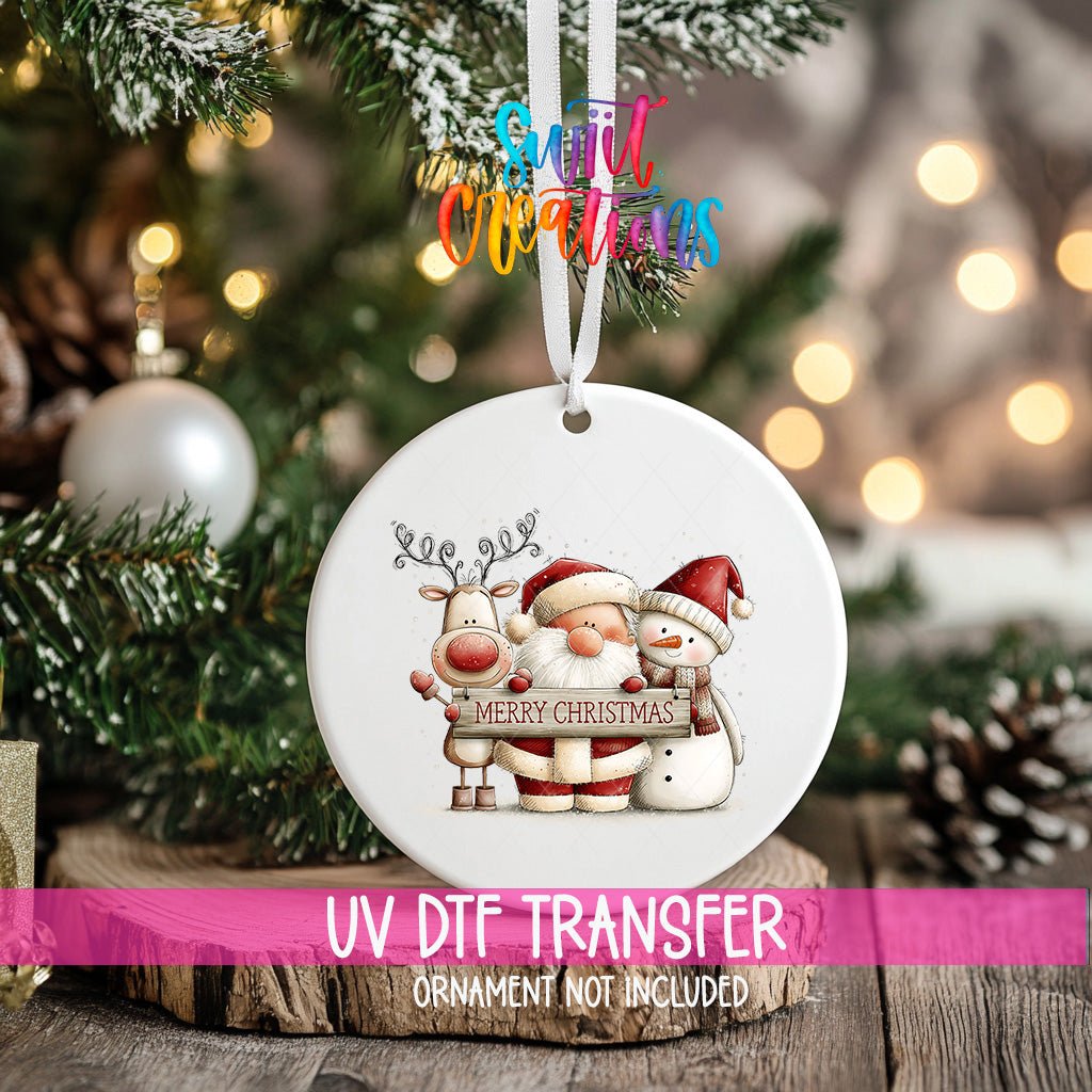 Santa Reindeer and Snowman Ornament UV DTF Transfer | Merry Christmas Trio with Rustic Sign | O-2171 - Swiit Creations