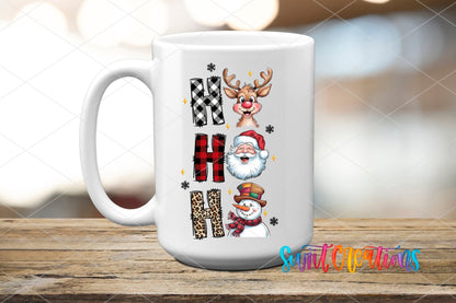 Swiit Creations UV DTF Santa Reindeer Snowman transfer applied to a white ceramic mug