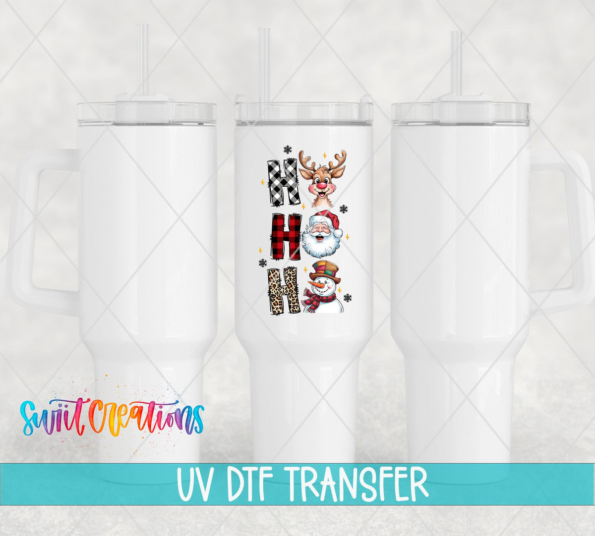 Swiit Creations UV DTF Santa Reindeer Snowman transfer shown on a white tumbler set