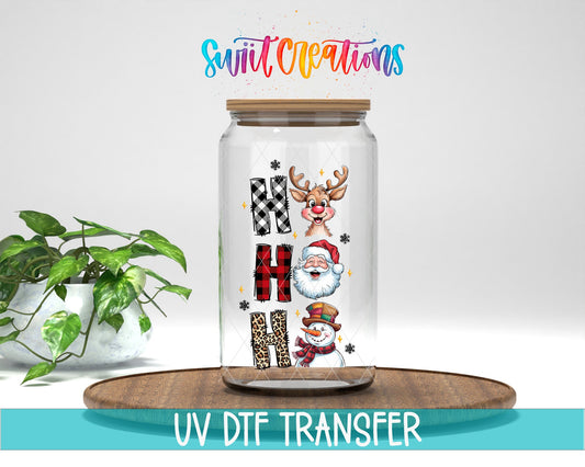 Swiit Creations UV DTF Santa Reindeer Snowman transfer displayed on a clear jar mockup