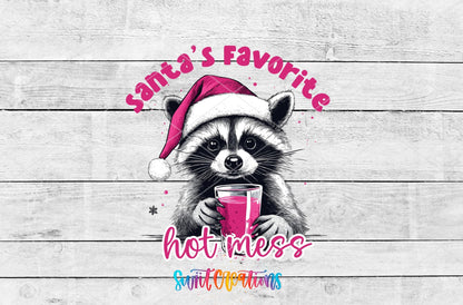 Swiit Creations UV DTF Santa’s Favorite Hot Mess Raccoon transfer shown as the full artwork preview