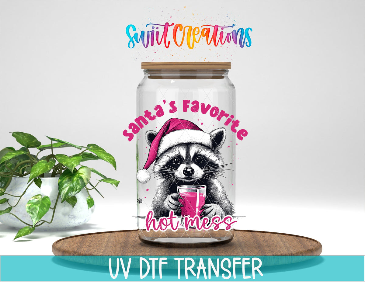 Swiit Creations UV DTF Santa’s Favorite Hot Mess Raccoon transfer displayed on a clear jar mockup