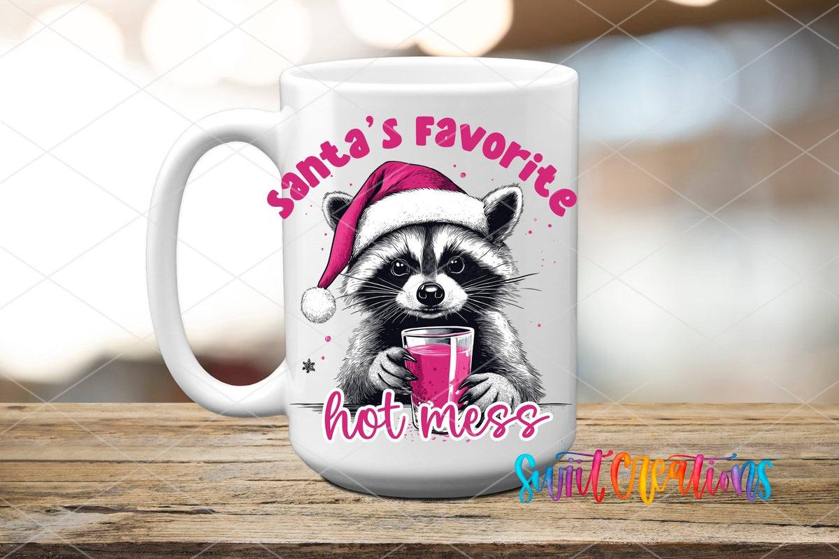 Swiit Creations UV DTF Santa’s Favorite Hot Mess Raccoon transfer applied to a white ceramic mug