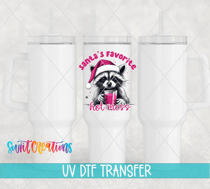 Swiit Creations UV DTF Santa’s Favorite Hot Mess Raccoon transfer shown on a white tumbler set