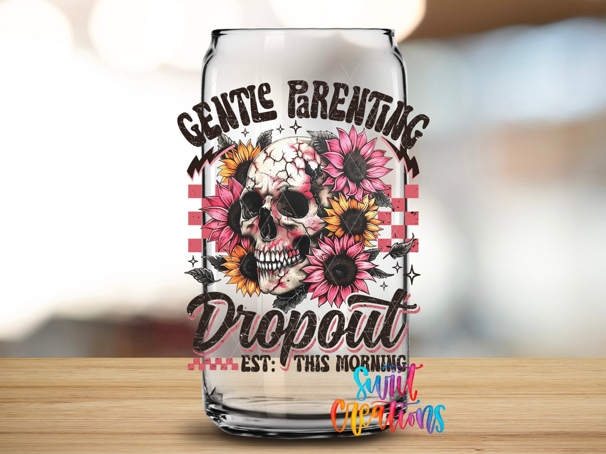 Scarcastic and Sassy Mom Group Dropout UV DTF transfer applied to a clear glass can from Swiit Creations
