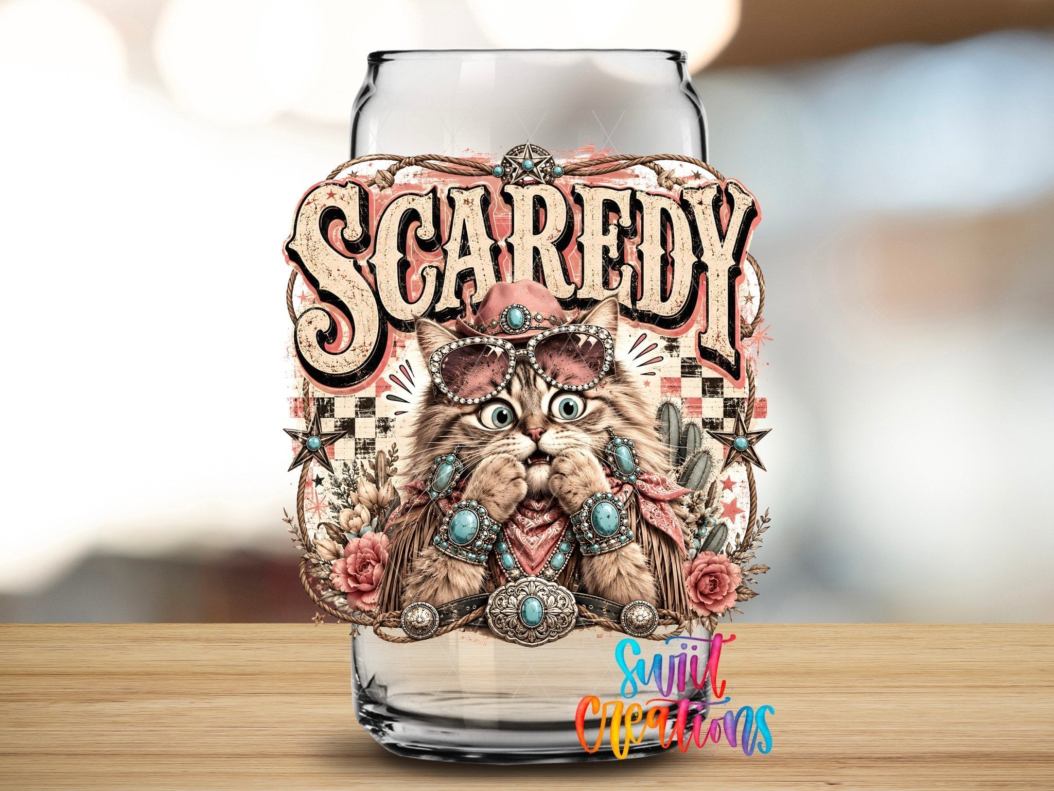 Scaredy Cat Western Cat UV DTF Transfer | Retro Cowboy Cat Drinkware Design | UV2088 - Swiit Creations