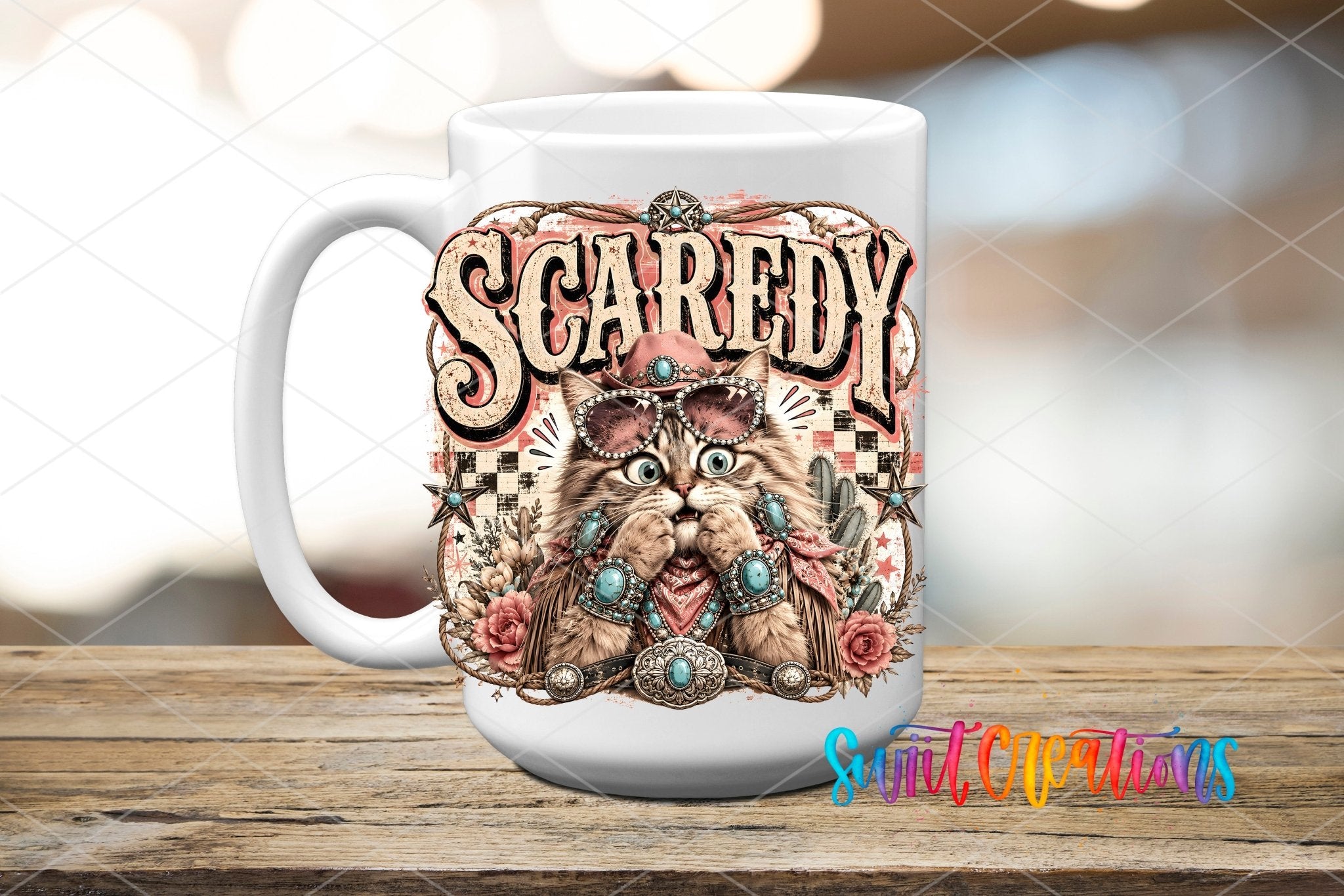 Scaredy Cat Western Cat UV DTF Transfer | Retro Cowboy Cat Drinkware Design | UV2088 - Swiit Creations