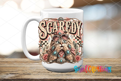 Scaredy Cat Western Cat UV DTF transfer displayed on a white ceramic mug from Swiit Creations