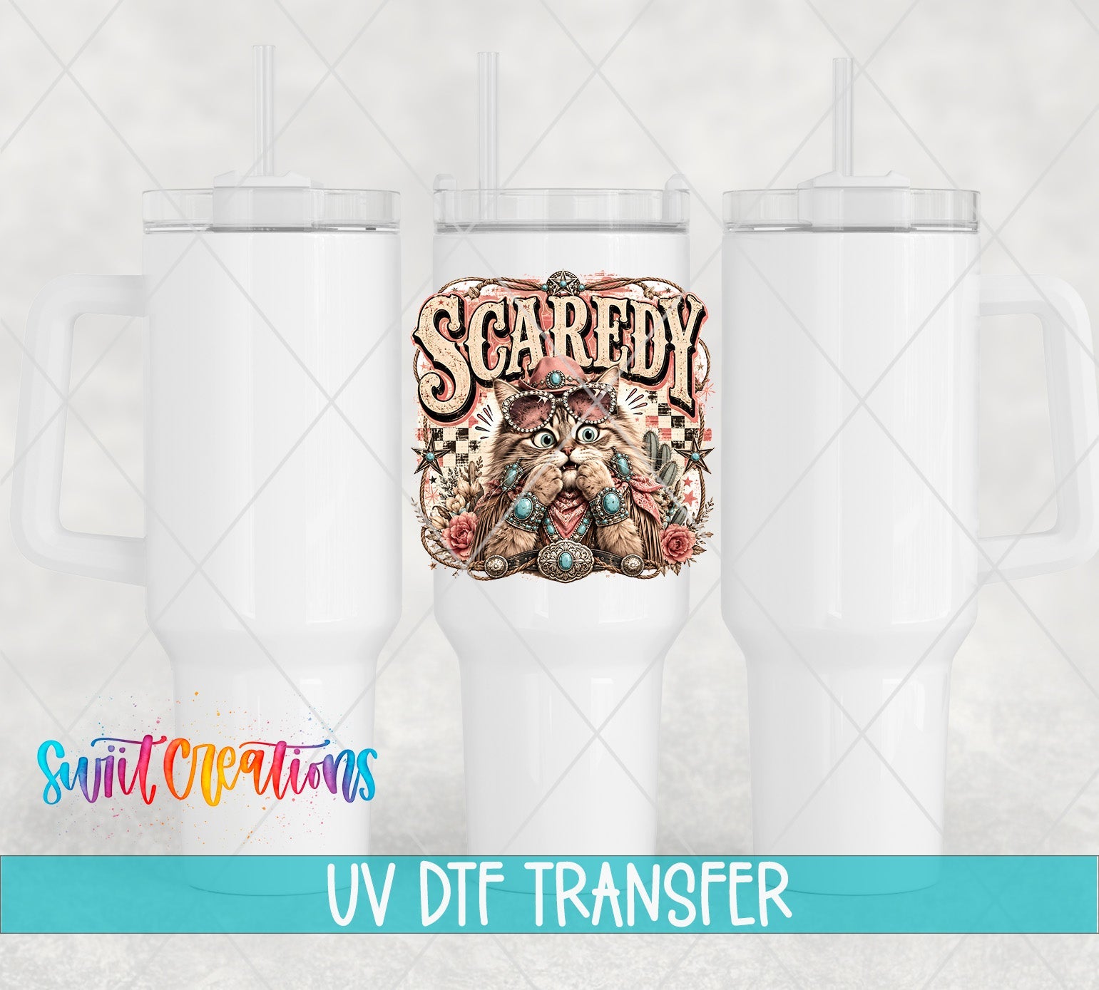 Scaredy Cat Western Cat UV DTF Transfer | Retro Cowboy Cat Drinkware Design | UV2088 - Swiit Creations