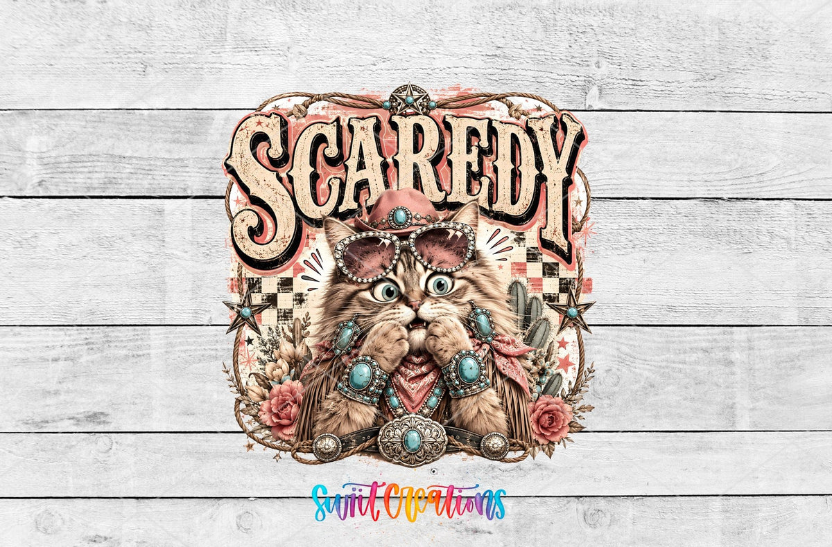 Scaredy Cat Western Cat UV DTF transfer shown as a full artwork preview from Swiit Creations