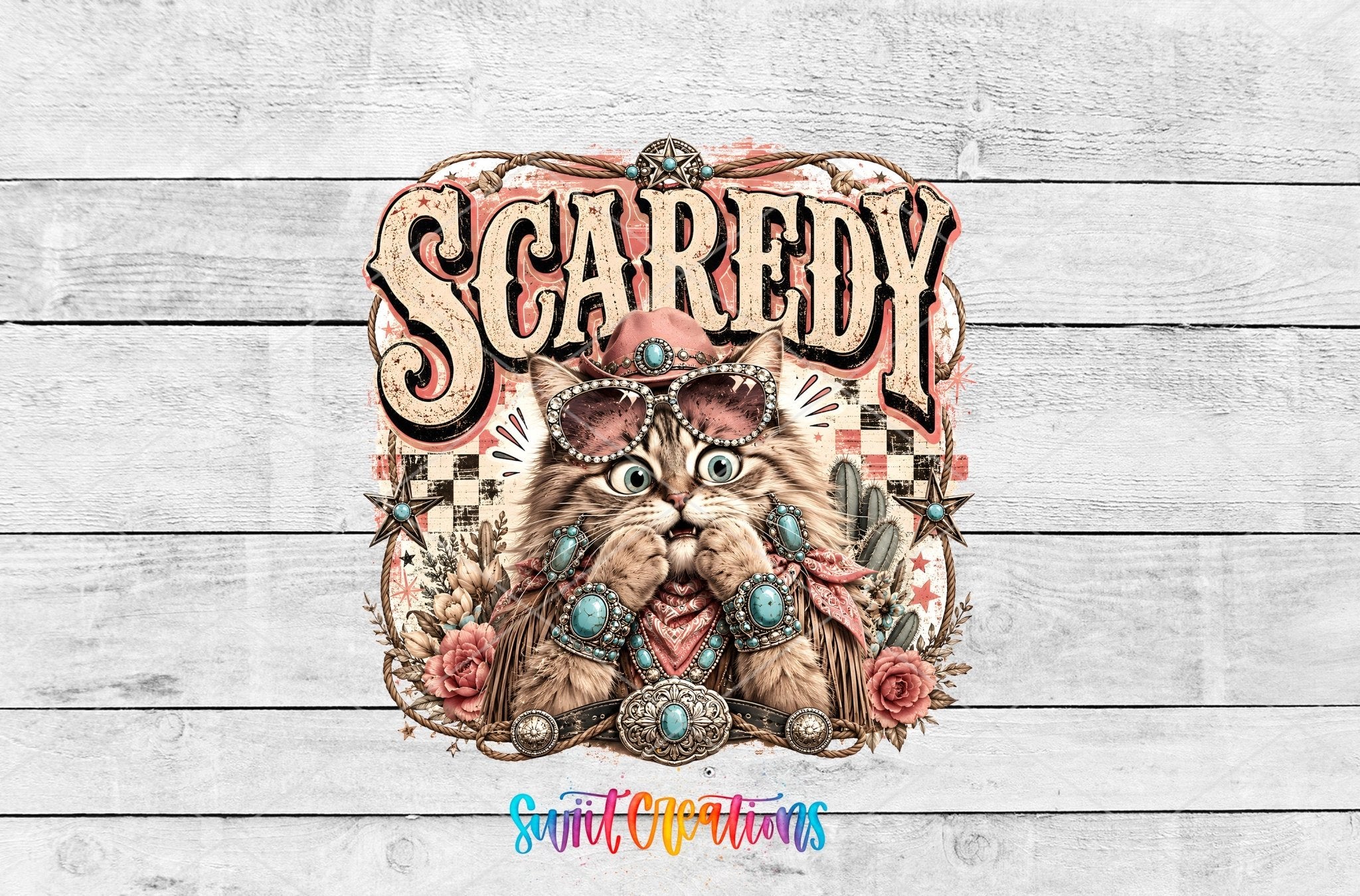 Scaredy Cat Western Cat UV DTF Transfer | Retro Cowboy Cat Drinkware Design | UV2088 - Swiit Creations