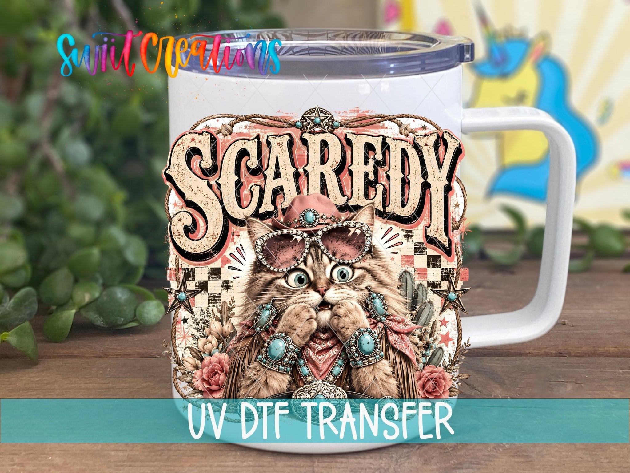 Scaredy Cat Western Cat UV DTF Transfer | Retro Cowboy Cat Drinkware Design | UV2088 - Swiit Creations