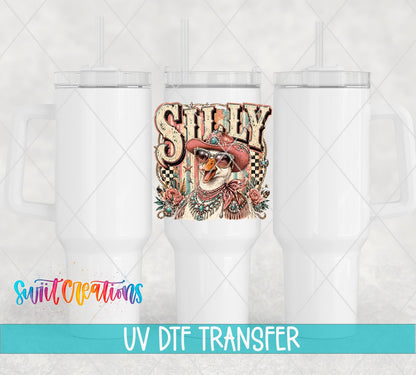 Silly Goose Western Goose UV DTF transfer applied to a white tumbler set from Swiit Creations