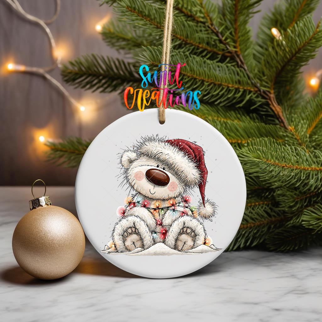 Sledding White Bear Ornament UV DTF Transfer | Joyful Polar Bear in Red Plaid Winter Gear | O-2179 - Swiit Creations