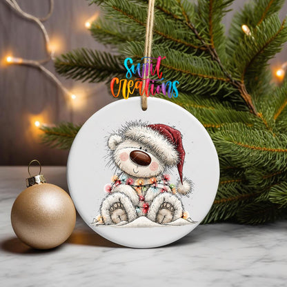 Sledding White Bear Ornament UV DTF Transfer | Joyful Polar Bear in Red Plaid Winter Gear | O-2179 - Swiit Creations