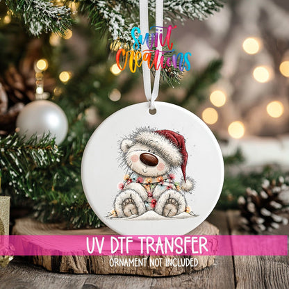 Sledding White Bear Ornament UV DTF Transfer | Joyful Polar Bear in Red Plaid Winter Gear | O-2179 - Swiit Creations