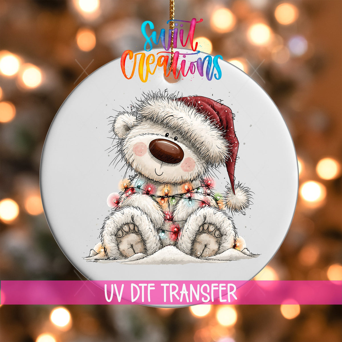 Sledding White Bear Ornament UV DTF Transfer | Joyful Polar Bear in Red Plaid Winter Gear | O-2179 - Swiit Creations