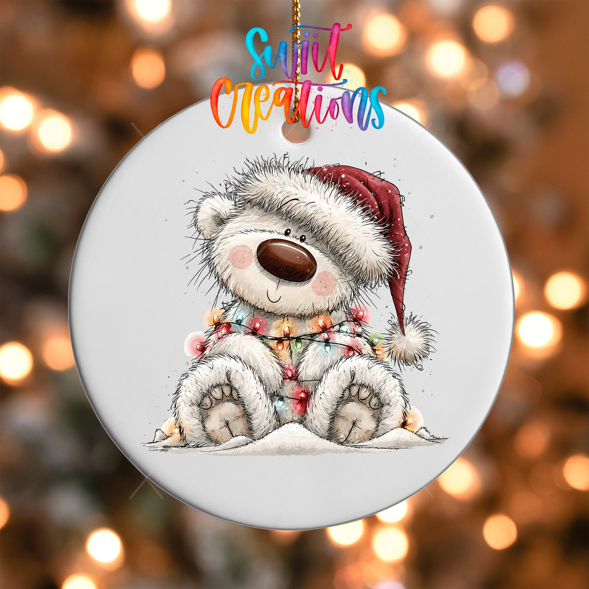 Sledding White Bear Ornament UV DTF Transfer | Joyful Polar Bear in Red Plaid Winter Gear | O-2179 - Swiit Creations