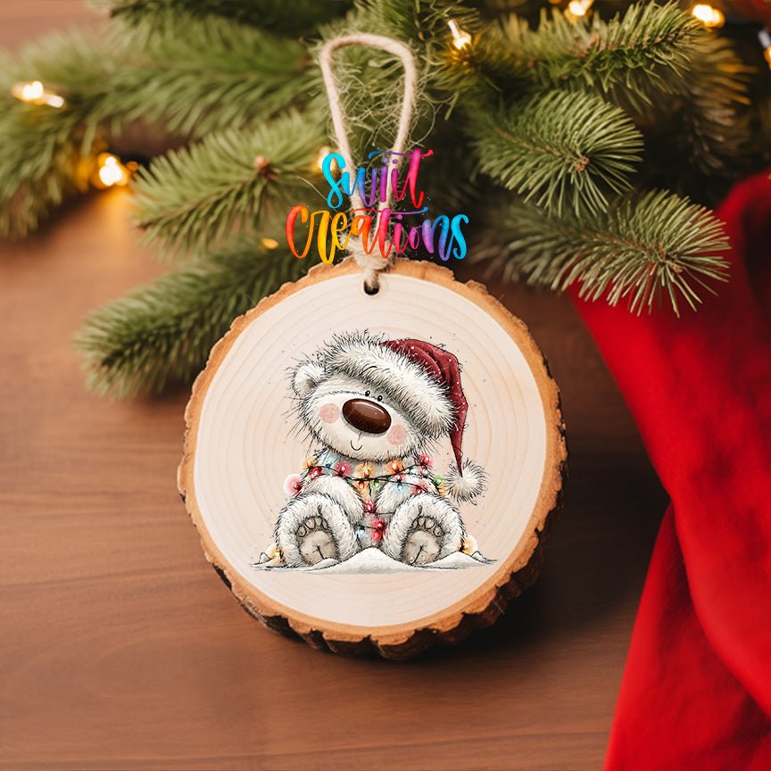 Sledding White Bear Ornament UV DTF Transfer | Joyful Polar Bear in Red Plaid Winter Gear | O-2179 - Swiit Creations